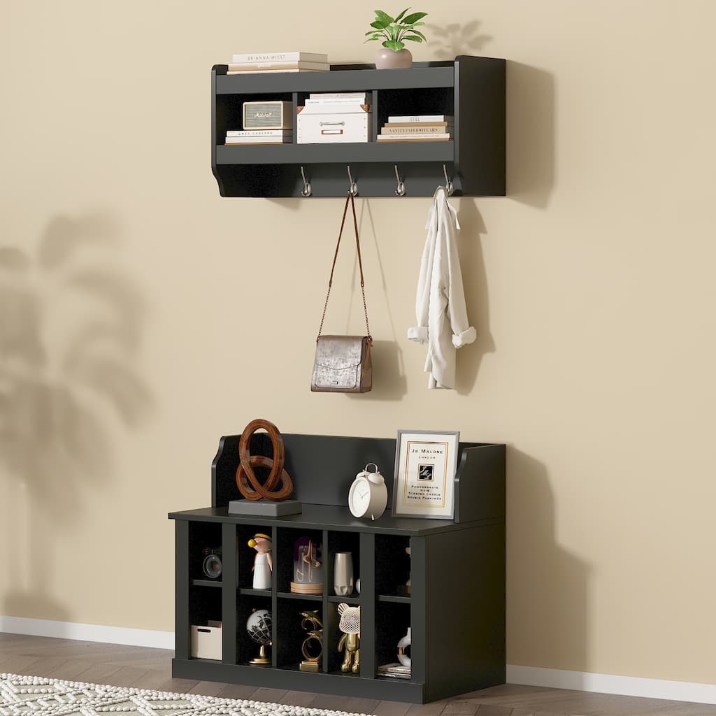 Shoe Storage Bench with Shelves & 4 Hooks - Wall Mounted Hall Tree