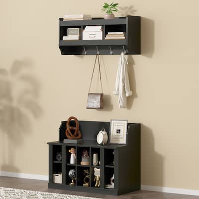 Shoe Storage Bench with Shelves and 4 Hooks, Elegant Hall Tree with Wall Mounted Coat Rack, Entryway Organizer