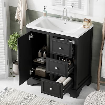 30-Inch bathroom vanity cabinet with ceramic basin, 3 drawers and adjustable shelves
