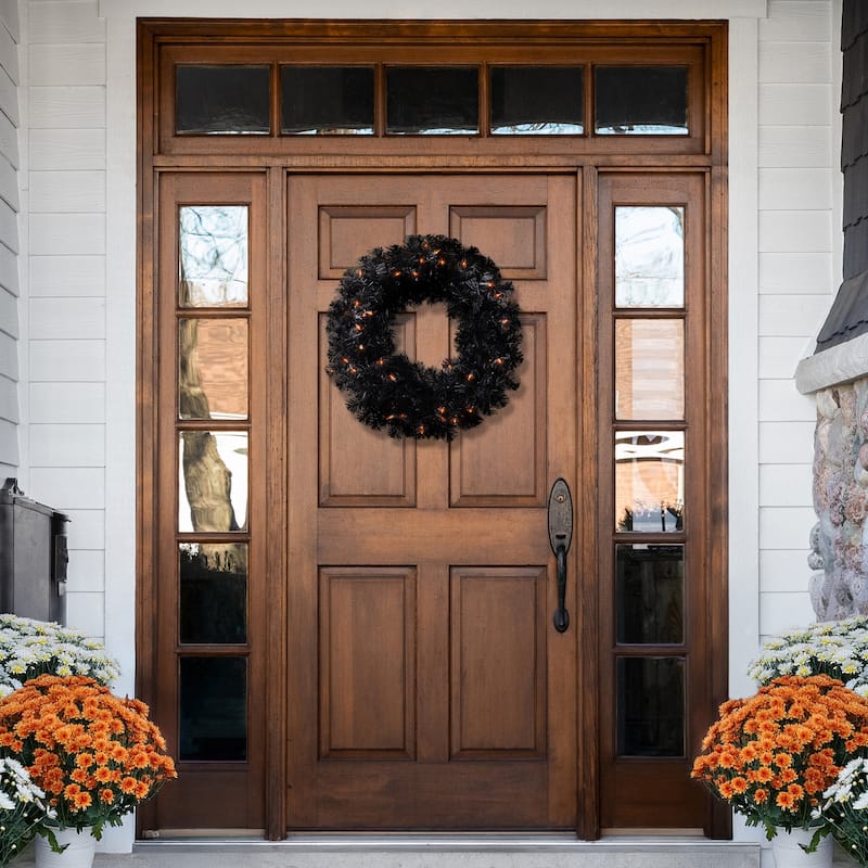 Black Noble Spruce Artificial Halloween Wreath 24 Inch Orange Lights