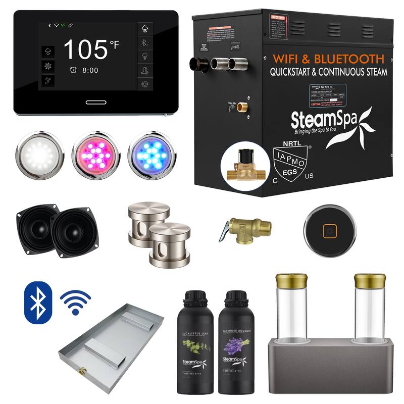 Black Series WiFi and Bluetooth 12kW QuickStart Steam Bath Generator Package with Dual Aroma Pump in Brushed Nickel