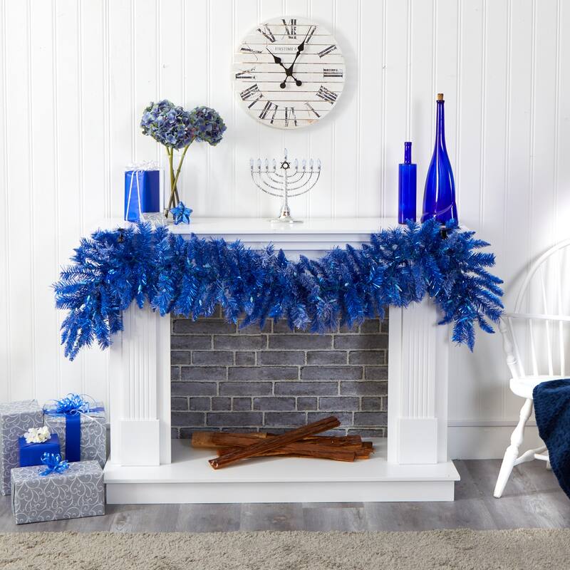 Blue Christmas Garland 6ft with Warm White LED Lights - Holiday Decor - 72