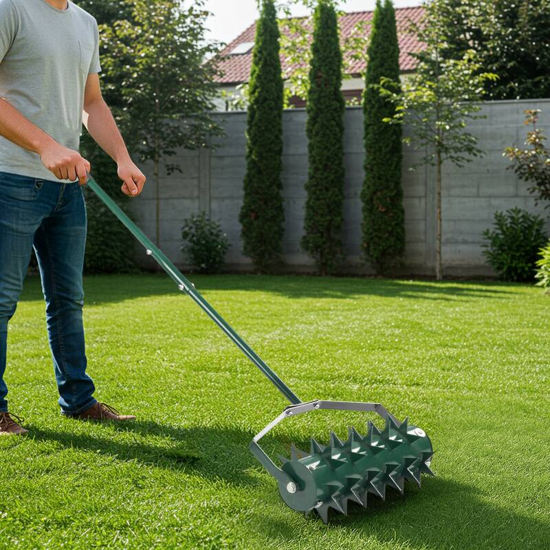 Green Lawn Aerator with Heavy-Duty Galvanized Steel Drum and Double Spikes and Rubber Handle - (17.3 x 6.7 x 59.8) in