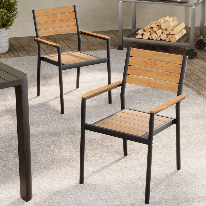 Outdoor Patio Dining Chairs Modern Aluminum Stackable Armchairs - See Picture - Brown, 2PCS