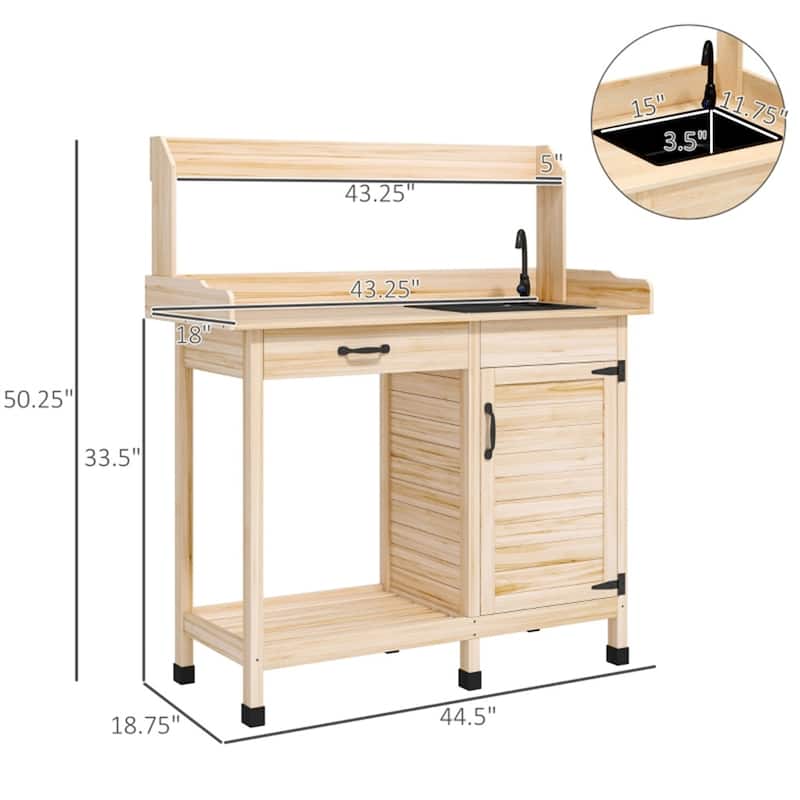 Garden Work Bench with Sink, Open Shelves & Tool Storage - 44.5" L x 18.7" W x 50.2" H