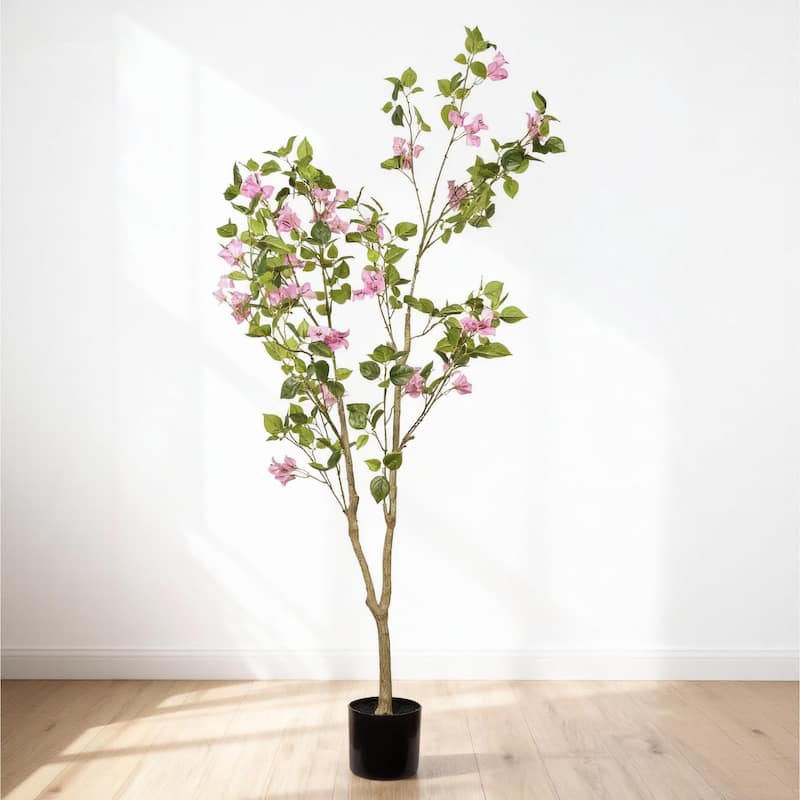 5FT Artificial Bougainvillea Tree, Realistic Fake Flowering Tree for Indoor Home Office Decor, Potted Faux Plant, 1pc/set