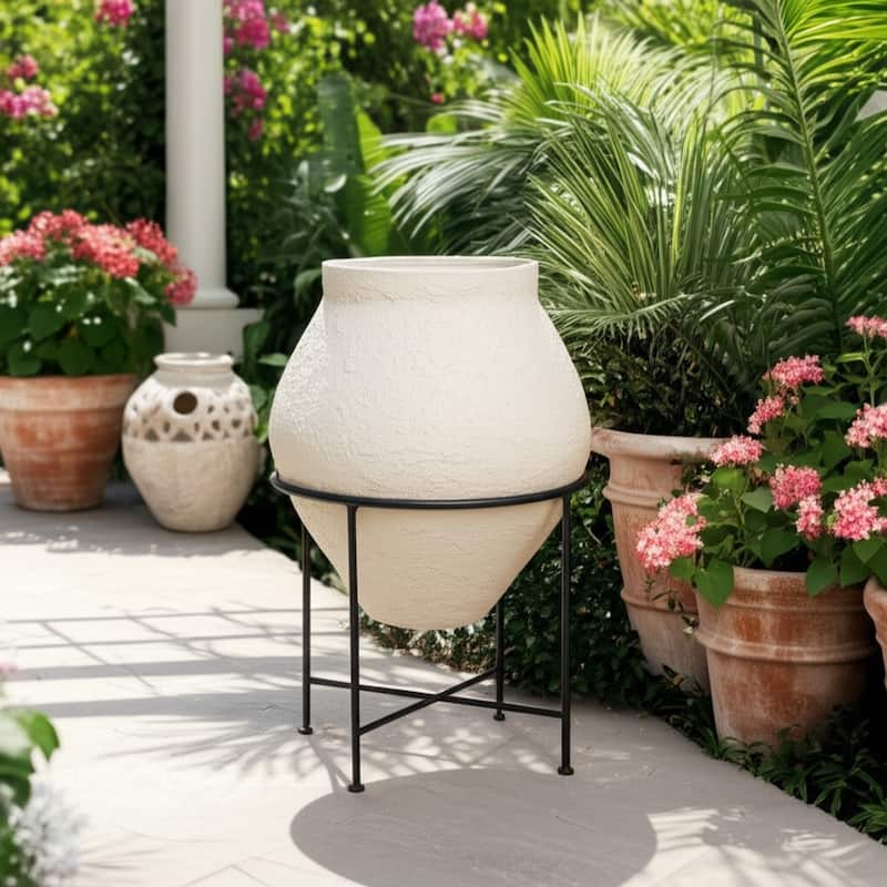 Pottery Planter Pot with Metal Stand Handcrafted Vessel Garden Decor