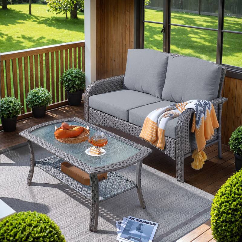 HOOOWOOO 2-piece Outdoor Rattan Wicker Loveseat Sofa with Coffee Table - Dark Grey