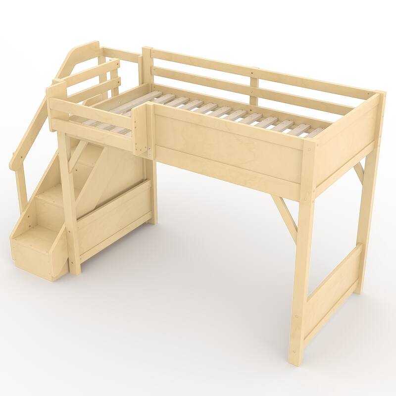 Full/Twin Loft Bed with Built-in Wardrobe, Storage & Stairs - Solid Wood, Full-Length Guardrails, No Box Spring