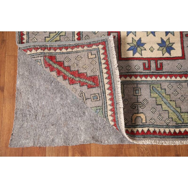 Geometric Gray Kazak Oriental Area Rug Handmade Wool Carpet - 6'4" x 9'0"