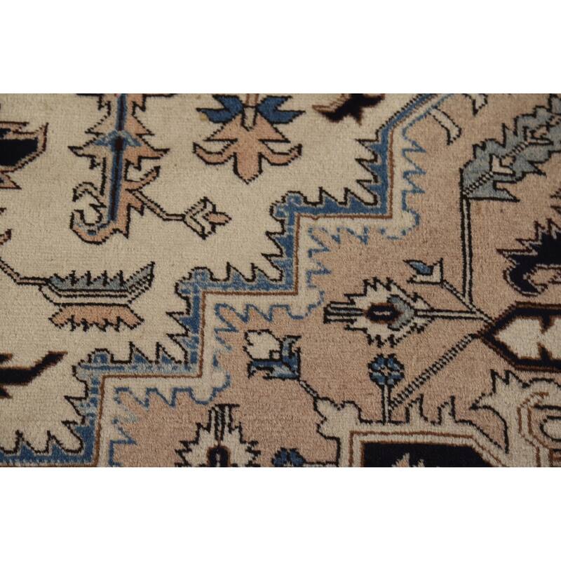 Hand Knotted Oriental 100% Wool Carpet Traditional Medallion Beige & Ivories Heriz (serapi) Area Rug - 9' 7'' X 6' 5''