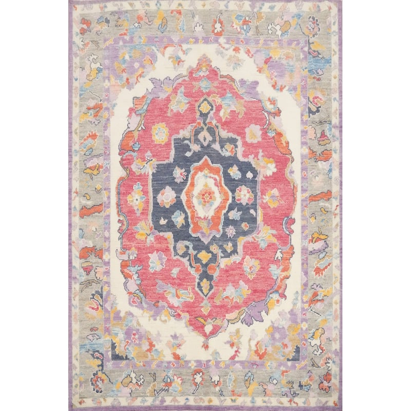 Hand Knotted Oriental 100% Wool Carpet Transitional Medallion Pink Oushak Area Rug - 6' 10'' X 5' 6''