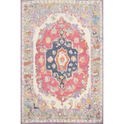 Hand Knotted Oriental 100% Wool Carpet Transitional Medallion Pink Oushak Area Rug - 6' 10'' X 5' 6''