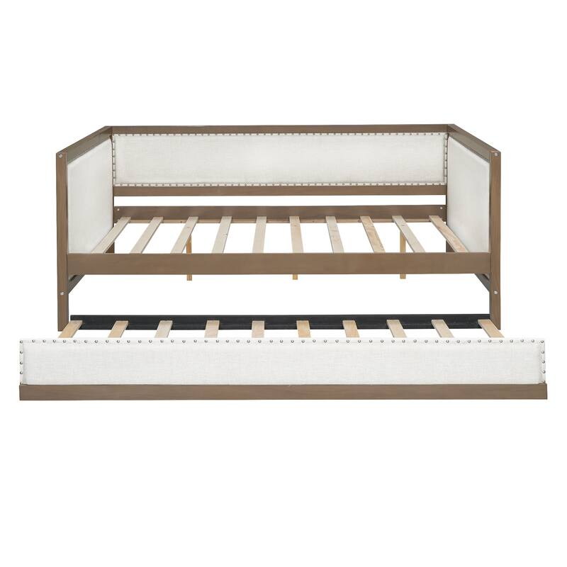 Roomfitters Full Size Upholstered Daybed with Trundle and Nailhead Trim, Beige