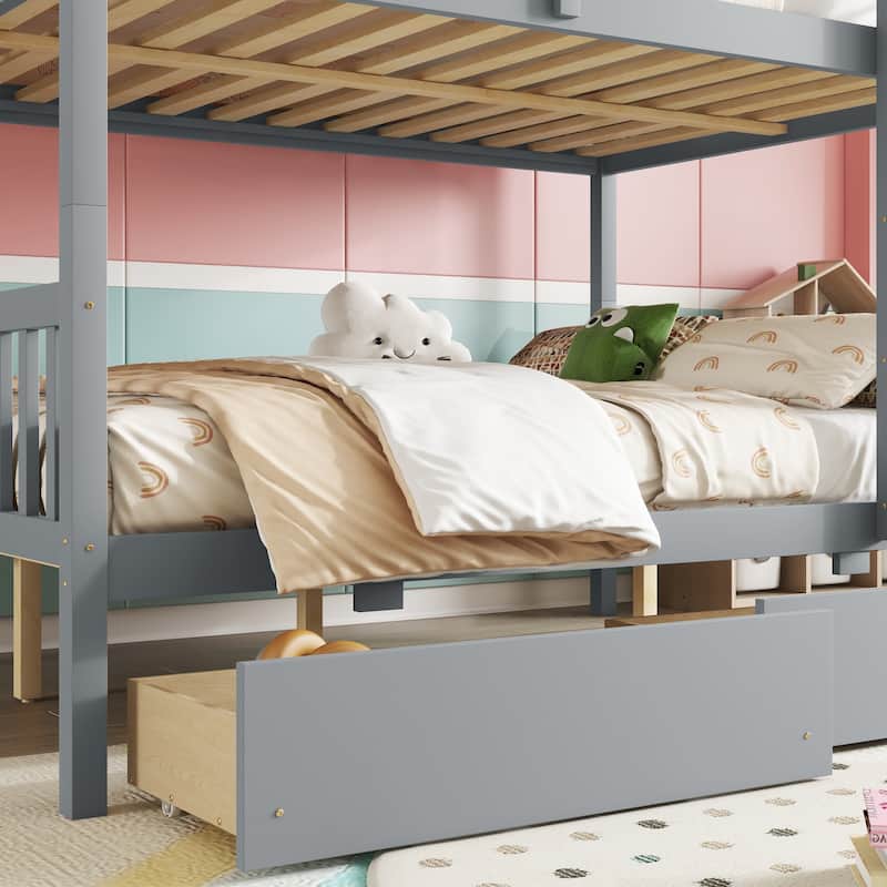 Full Over full Rubber Wood Bunk Bed with 2 Drawers, into 2 full Beds, full Size Bunk Bed with Ladder and Safety Guardrails