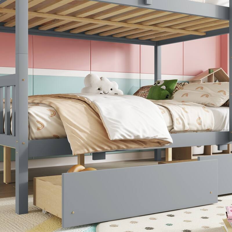 Rubber Wood Frame Bunk Beds with Wheels, Ladder and Safety Guardrails Convertible into 2 Beds - Available with Drawer or Trundle