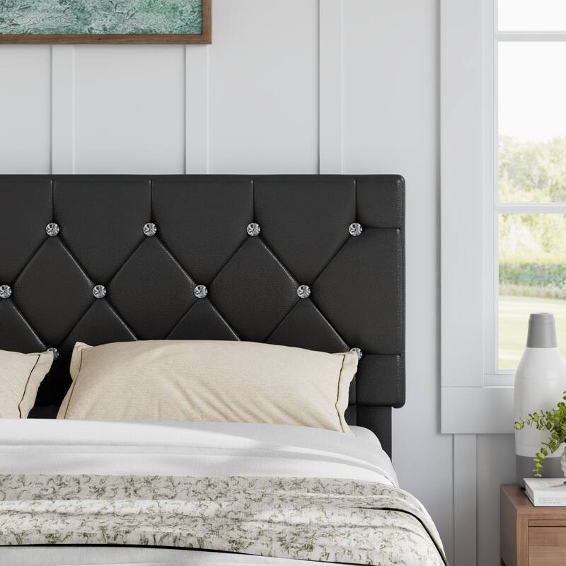 VECELO Bed Frame with Storage Drawers, Leather Upholstered with Diamond Tufted Headboard, Solid Wood Slat Support