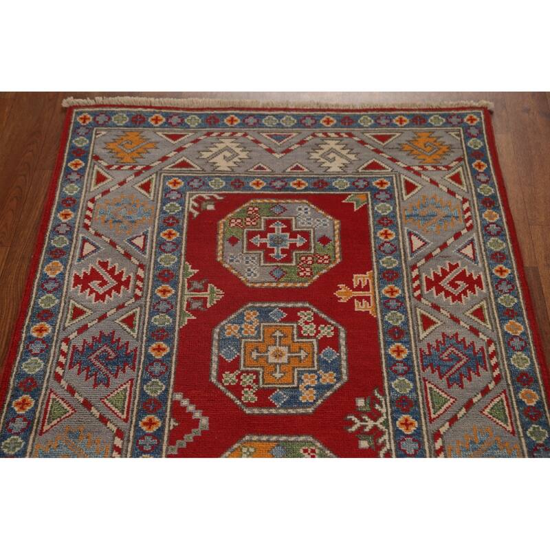 Geometric Kazak Oriental Hallway Runner Rug Hand-knotted Wool Carpet - 2'9" x 9'7"