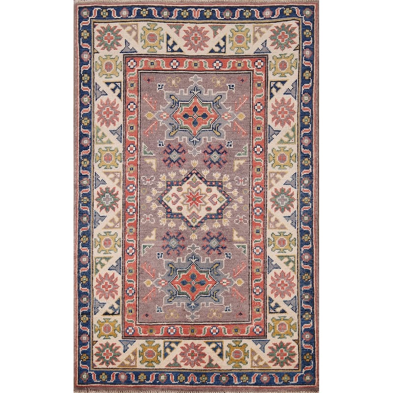 Geometric Brown Kazak Foyer Rug Hand-Knotted Wool Carpet - 2'9" x 4'1"