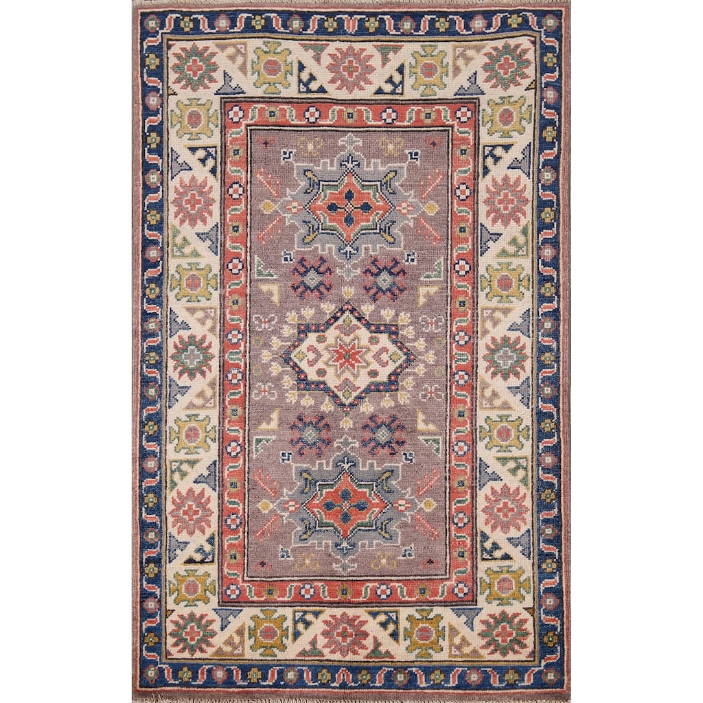Geometric Brown Kazak Foyer Rug Hand-Knotted Wool Carpet - 2'9" x 4'1"