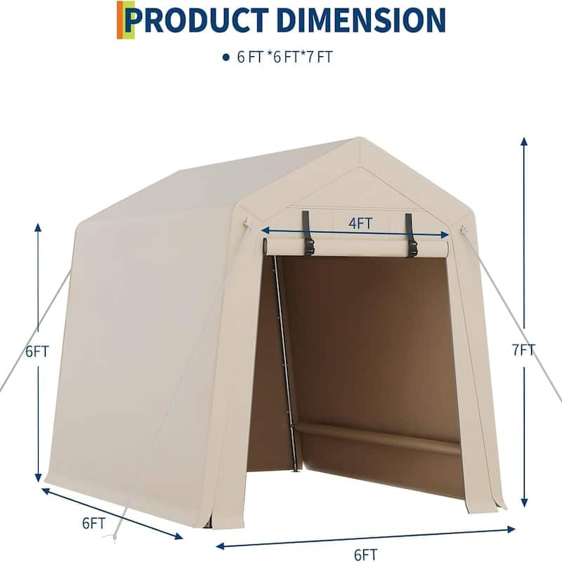 6x6 ft Heavy-Duty Carport Canopy Portable Garage Tent with Removable Sidewalls and Roll-Up Windows Khaki
