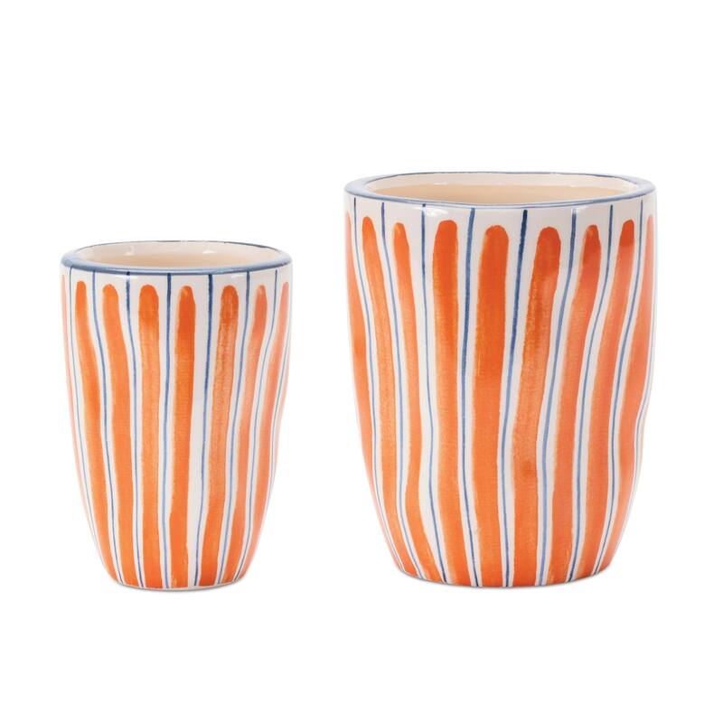 Abstract Striped Dolomite Planters - 5" - Orange and Blue - Set of 6