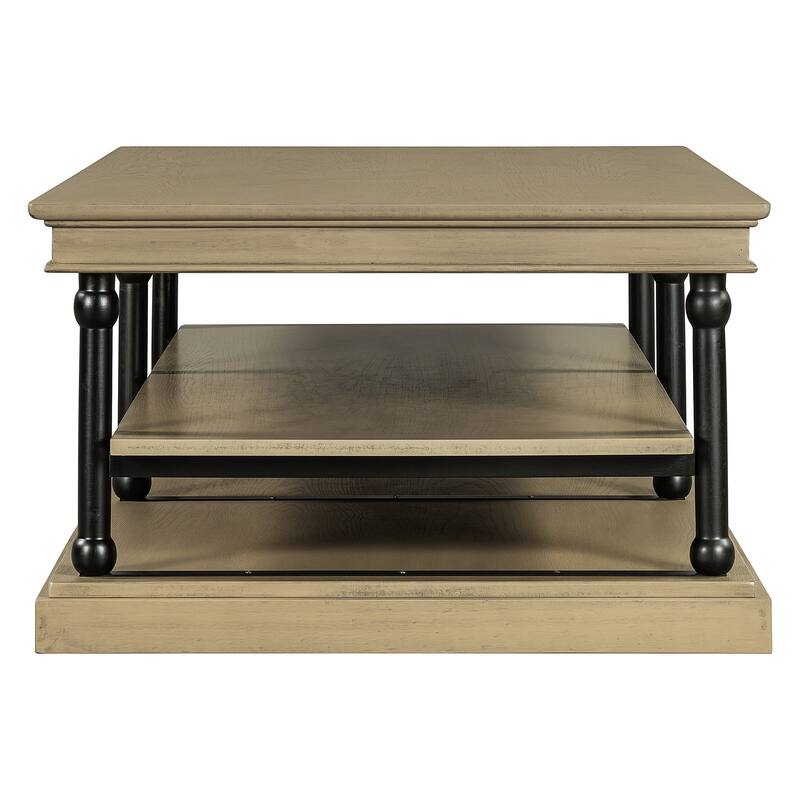 55.1" Wood Coffee Table with Black Legs, 2 Open Storage Shelves, Modern Living Room Table