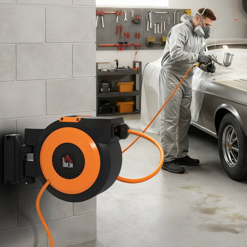 HOMCOM Retractable Air Hose Reel, Auto Rewind Air Compressor Hose Reel with Swivel Bracket - Black - Black