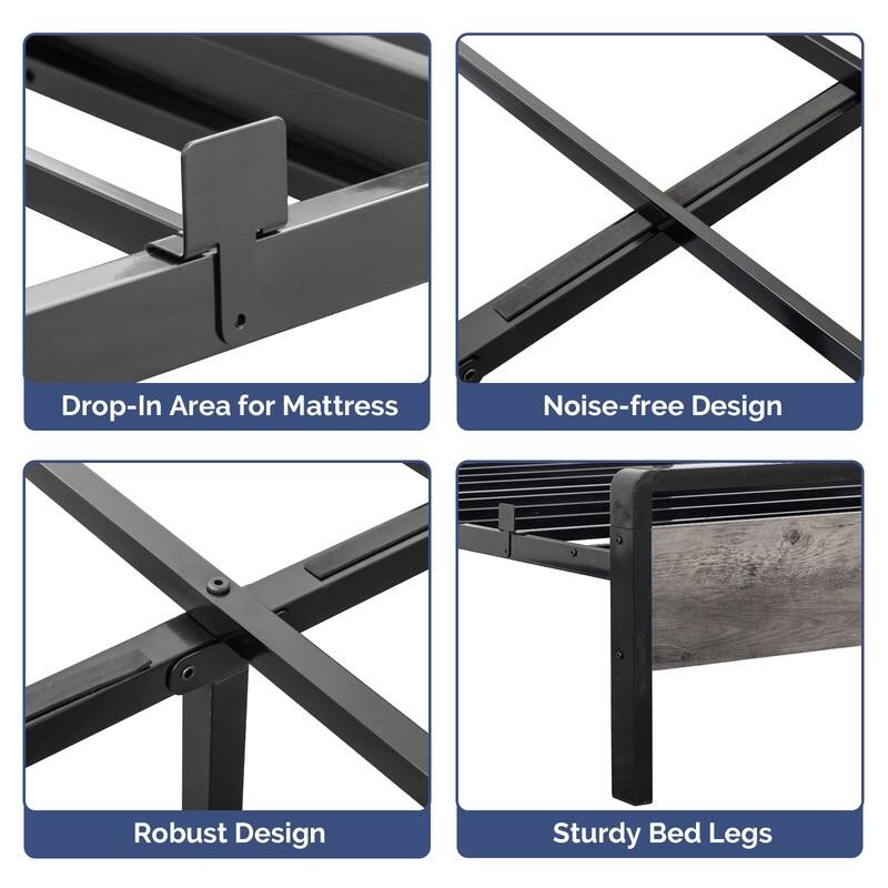 Bed Frame with LED Light and Charging Station, Metal Platform Bed with Wood Headboard