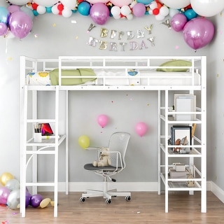 Full Size Loft Bed with 3 Layers of Shelves and Desk with Whiteboard
