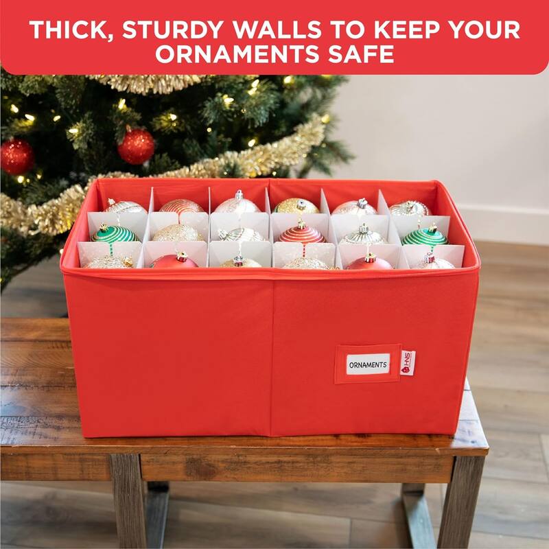 Xmas Ornament Storage Container with Dividers Fits Up to 54 - 4" Ornaments, Durable 600D, Red - Red