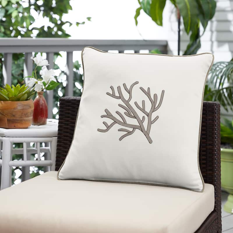 Sorra Home Indoor/Outdoor Sunbrella Natural Coral Embroidered Pillow - 18 x 18 x 6 in - 18 x 18 x 6 in - Ivory and Taupe