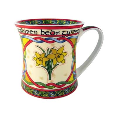 11oz Colorful Bone China Mug with Glossy Finish and Welsh Daffodil and Knot Design