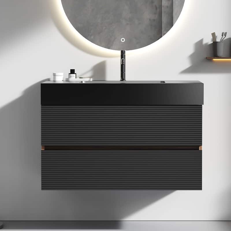 36"Bathroom Vanity with Matt Quartz Sink and Drawers, Wall Mounted Floating Bathroom Vanity , One-Piece Matt Black Basin