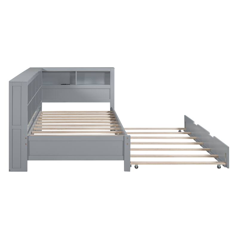 Wooden Twin Size DayBed with Twin Size Trundle, DayBed with Storage Shelf and USB Charging Ports