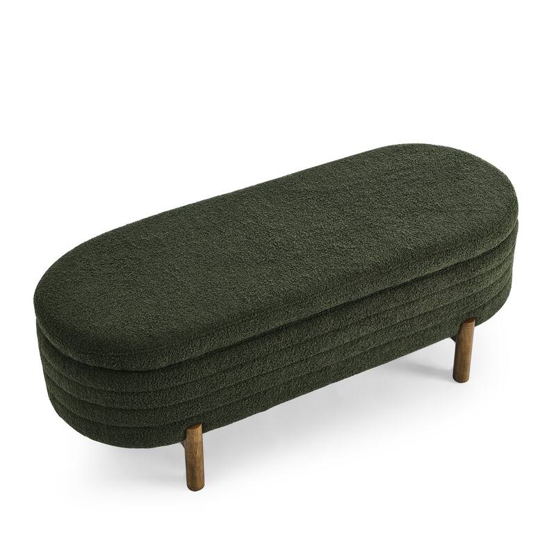 Small Ottoman Oval Storage Bench with Rubber Wood Leg Bedroom Upholstered Footstool Bench with Hidden Storage