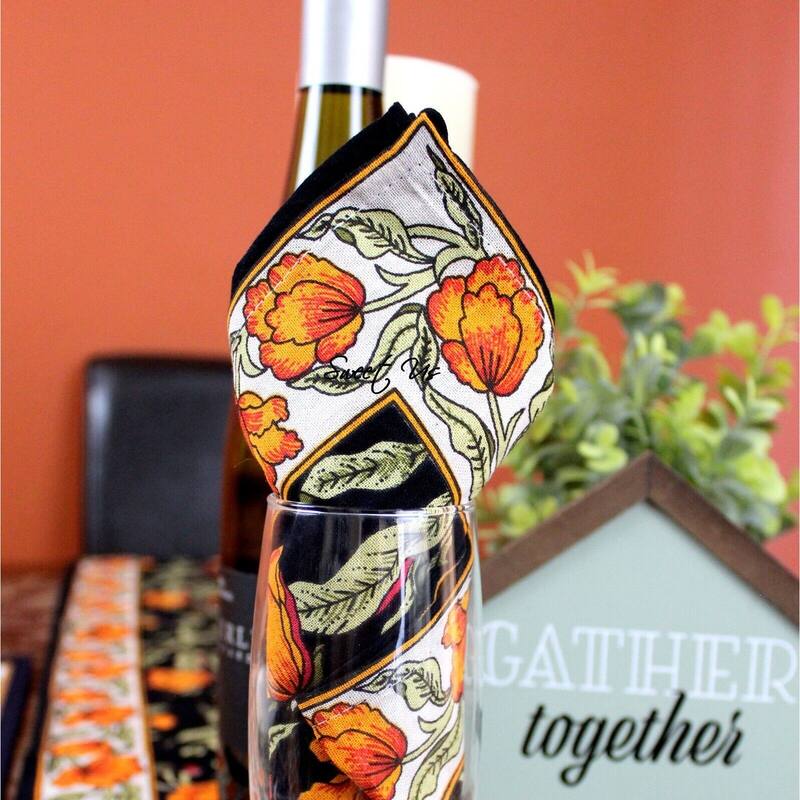 Cotton Sweet French Country Floral Tablecloth Round, Runner - Set of 4 Napkins - Black Amber