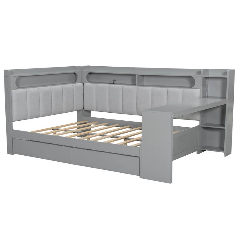 Full Daybed with Wrap-Around LED Shelves, Built-In Desk and Charging Station by Harper&Bright Designs