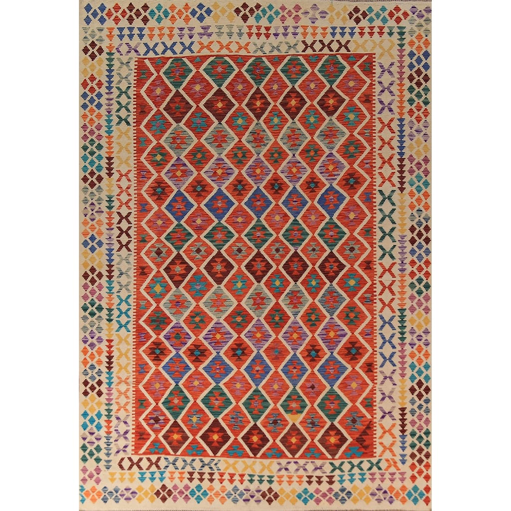 Trellis Kilim Area Rug Hand-Woven Wool Carpet - 8'3" x 11'5"
