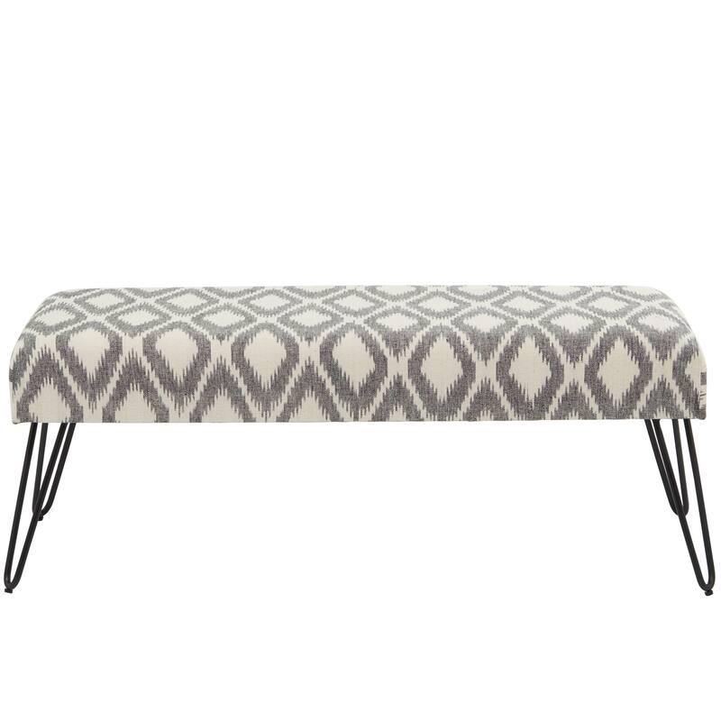 Metal Floral, Diamond or Tribal Bench with Metal Hairpin Legs - White, Gray or Multi Colored - Roche River Decor