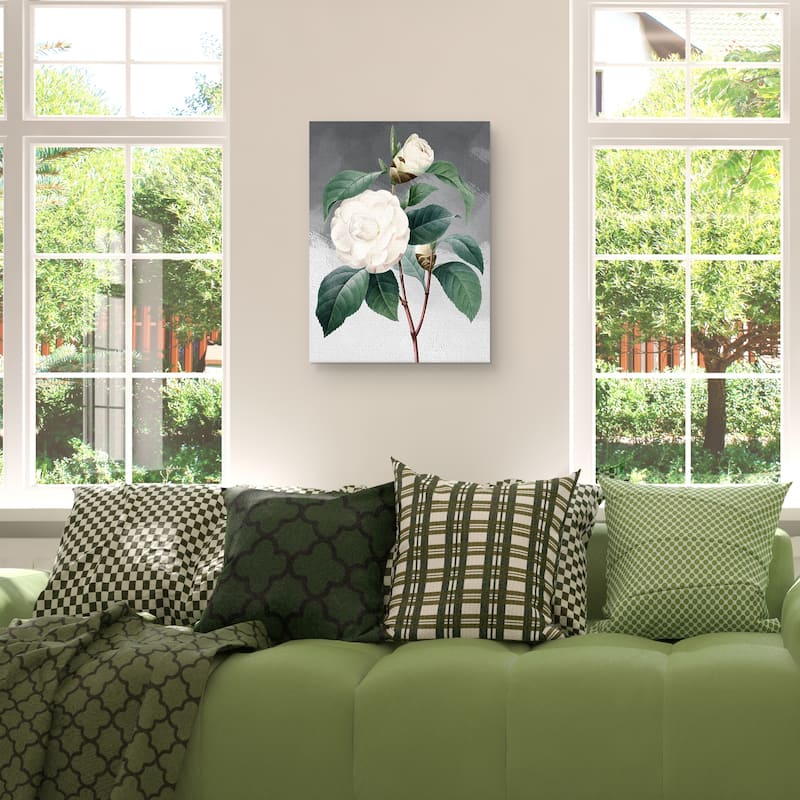 White Common Camellia Grey Canvas Art Print