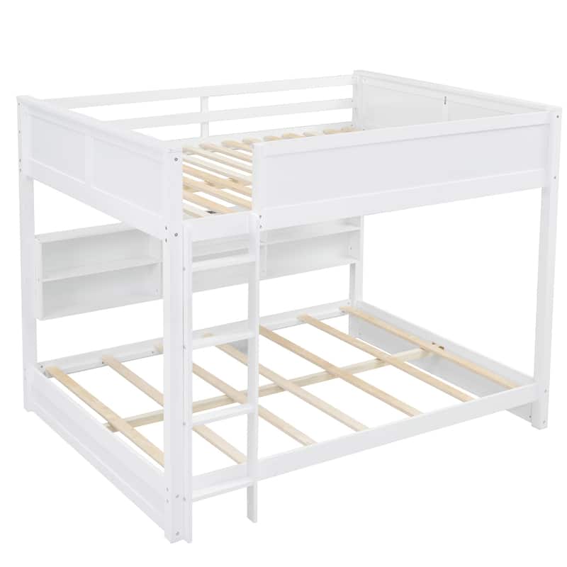 White Queen over Queen Solid Wood Bunk Bed with Storage and USB