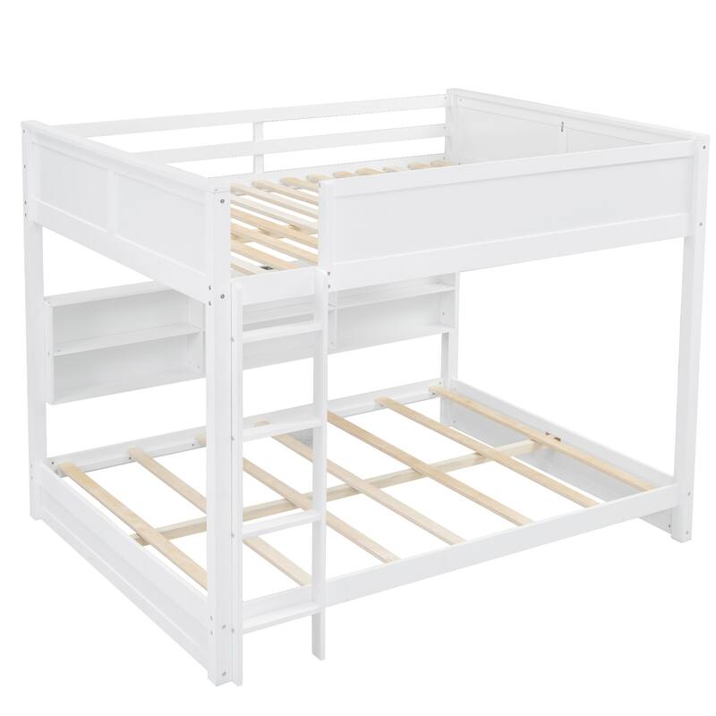 Wood Queen over Queen Bunk Bed with Storage Cabinets, USB Ports and Ladder, Bunk Bed Frame w/Slats Support for Kids