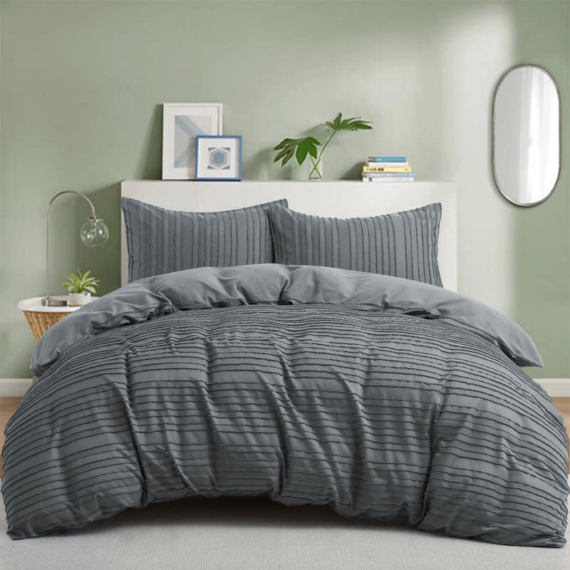 Striped Clipped Jacquard Duvet Cover Set - Dark Gray - Full - Queen
