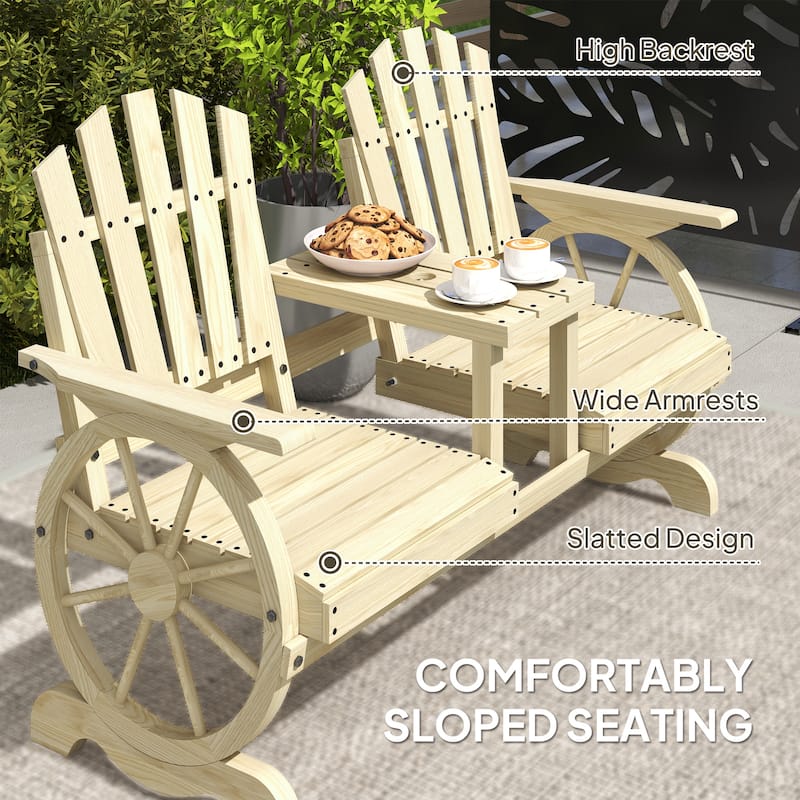 Fir Wood Wagon Wheel Outdoor Garden Bench with Table - 60.6" W x 25.6" D x 40.2" H
