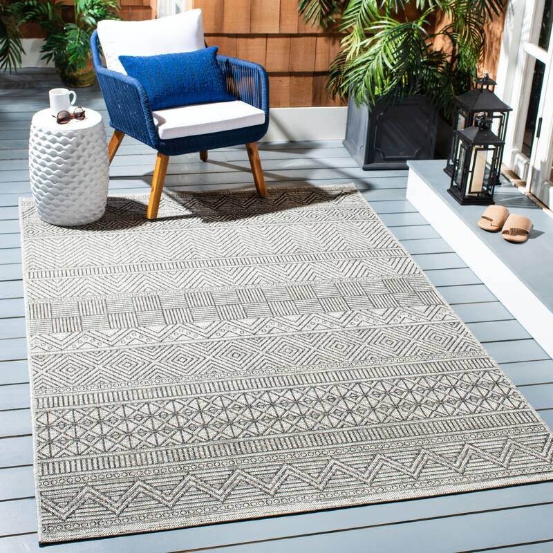 SAFAVIEH Courtyard Rozenn Indoor/ Outdoor Waterproof Patio Backyard Rug - 6'7" x 9'6" - Black/Grey