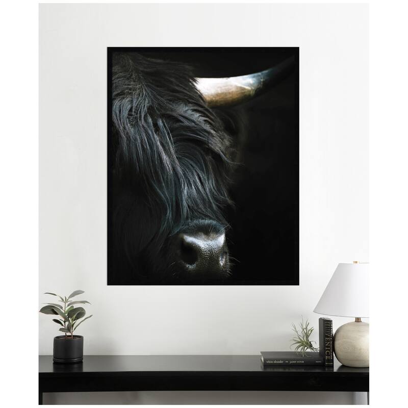 Kate and Laurel Minimalist Black Highland Cow Close by Michael Schauer Framed Wall Art Print