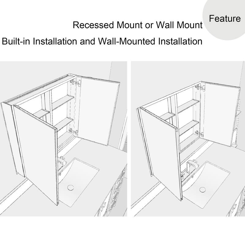 Rectangular Aluminum Recessed Mount/Surface Mount Medicine Cabinet with Mirror and Adjustable shelves
