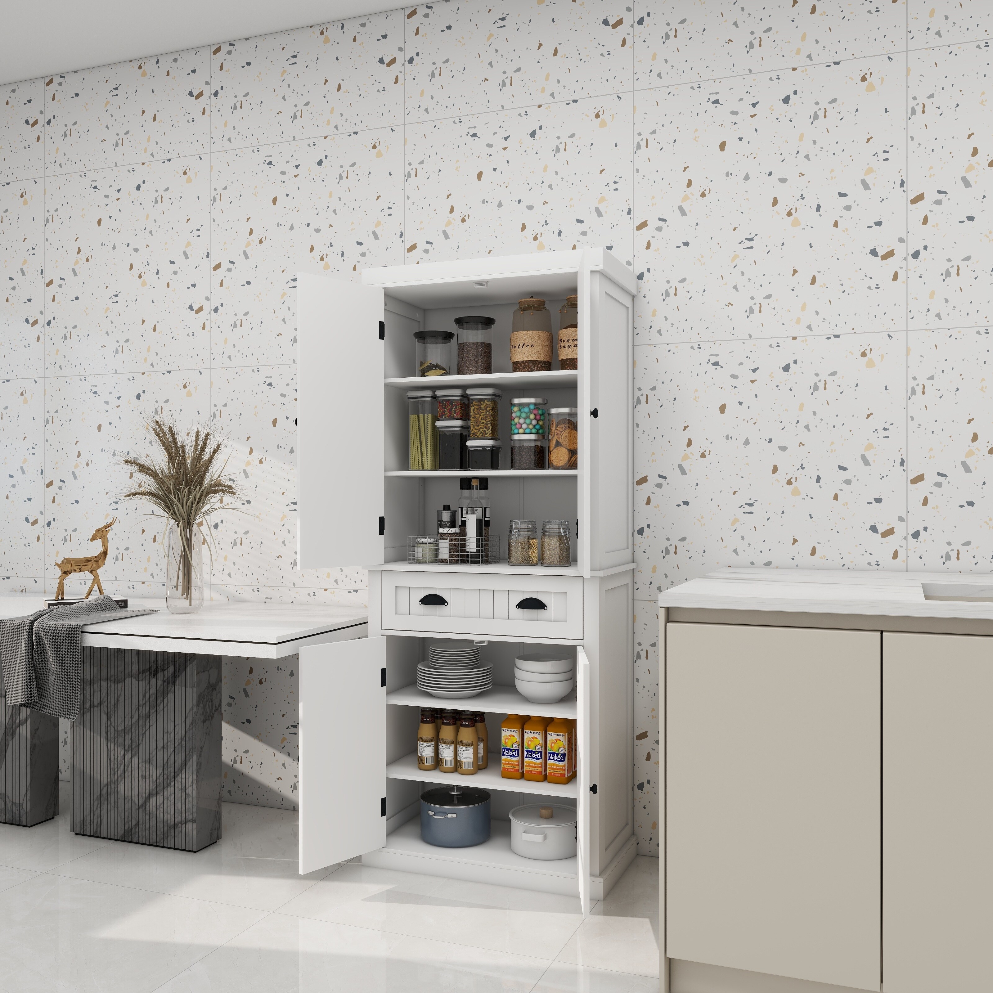 71" Kitchen Pantry Storage Cabinet , with 4 Doors, Drawer, 2 Adjustable Shelves, Freestanding