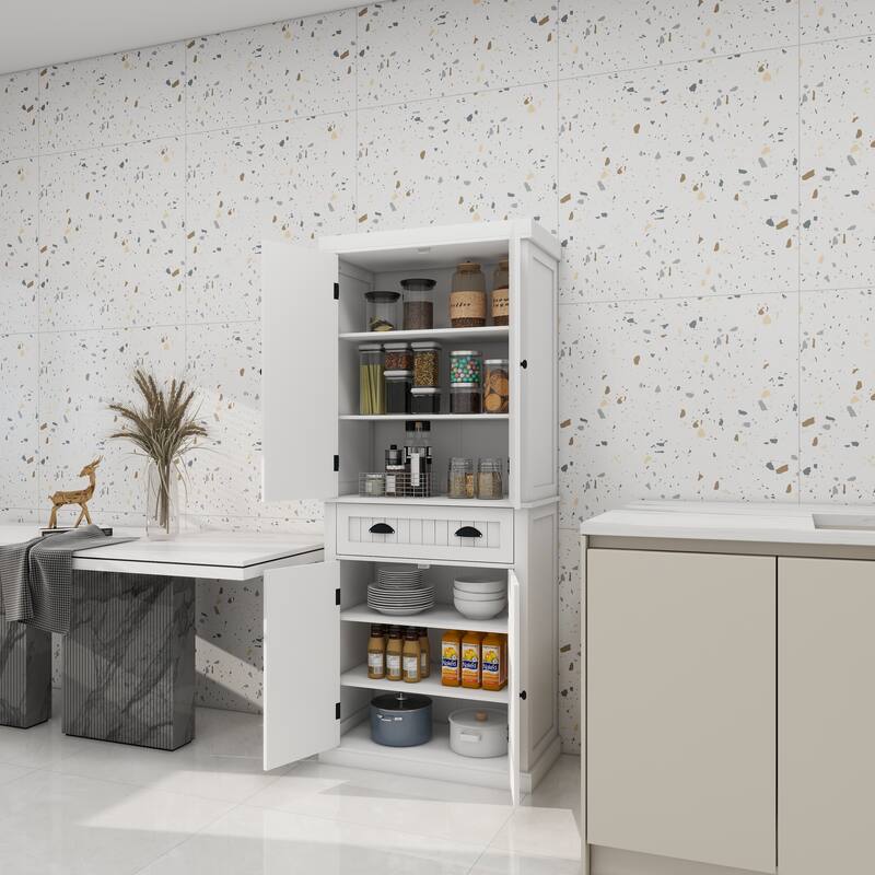 Kitchen Pantry with 4 Doors & 1 Drawer, Freestanding Wooden Storage Cabinet, Buffet Cabinet with 2 Adjustable Shelves